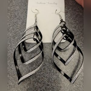 Long Black & Silver Twist Style Dangle Earrings